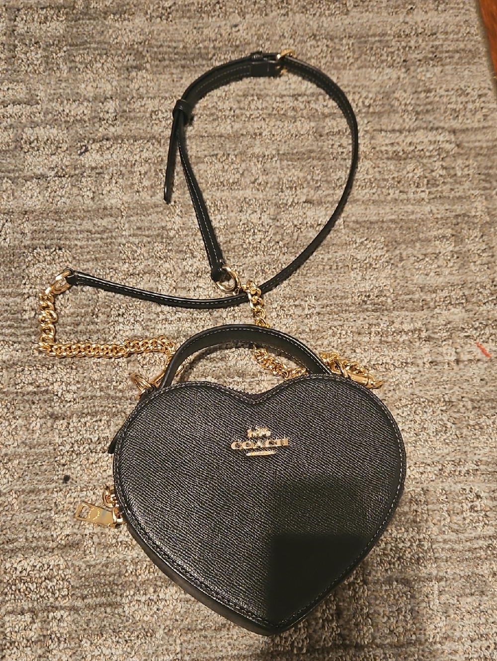Coach Black Heart-Shaped Crossbody with Gold Chain